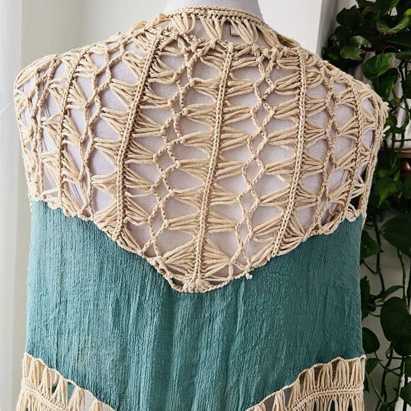 Papaya Blue & Cream Lacy Fringe Boho Hippie Gypsy Cardigan Festival Concert Med - Picture 9 of 11
